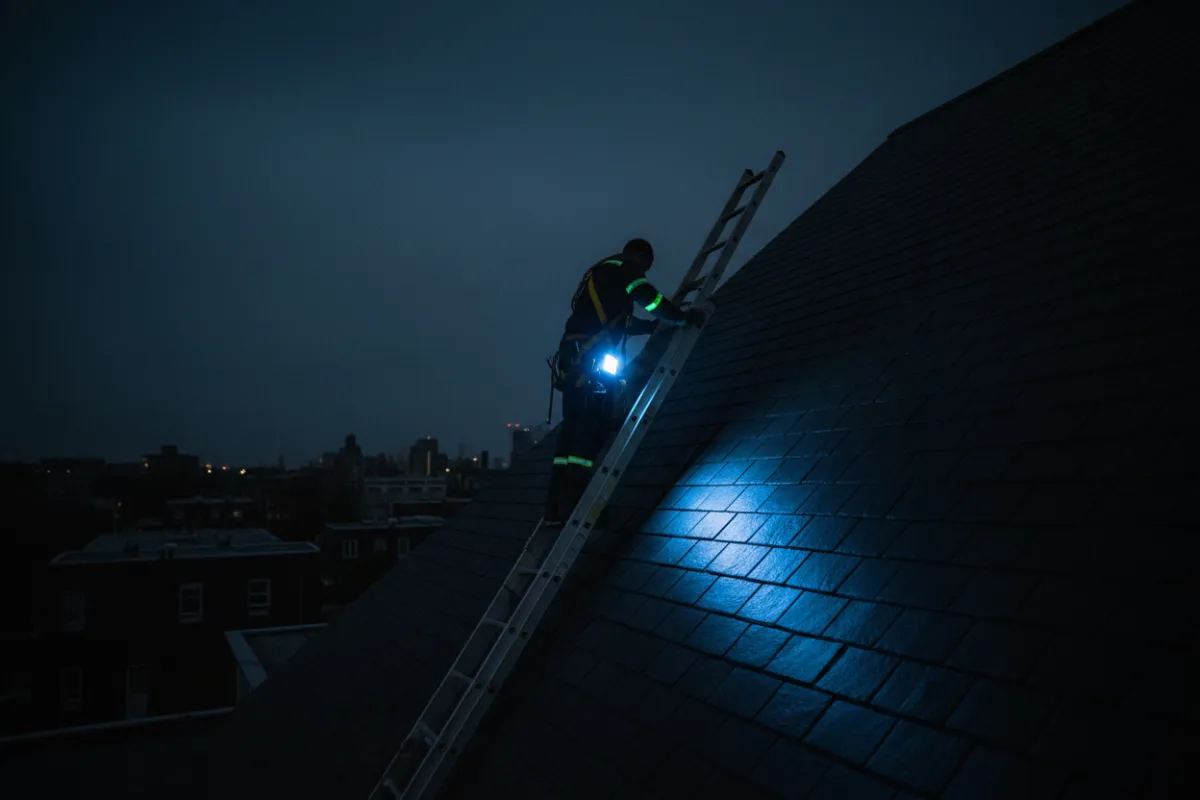 Roofer on a ladder with phone in pocket
