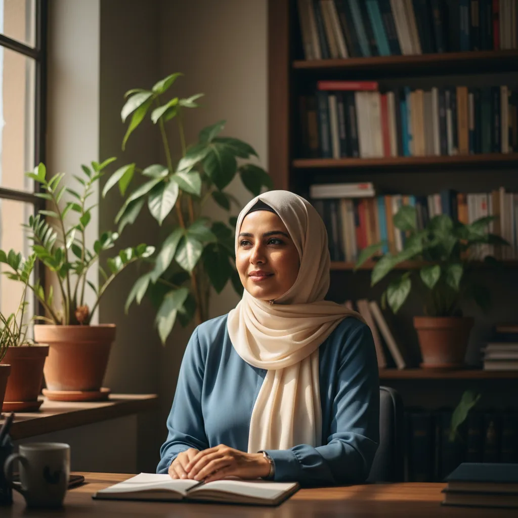 Fatima, an Egyptian staff member, hijab, sunlit workspace, 1:1 aspect