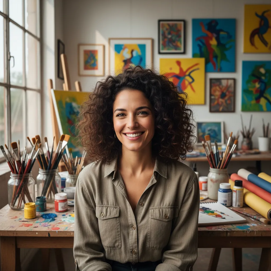 Elena, a Spanish staff member, curly hair, creative studio, 1:1 aspect