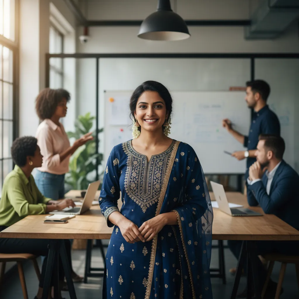 Priya, an Indian staff member, traditional attire, collaborative workspace, 1:1 aspect