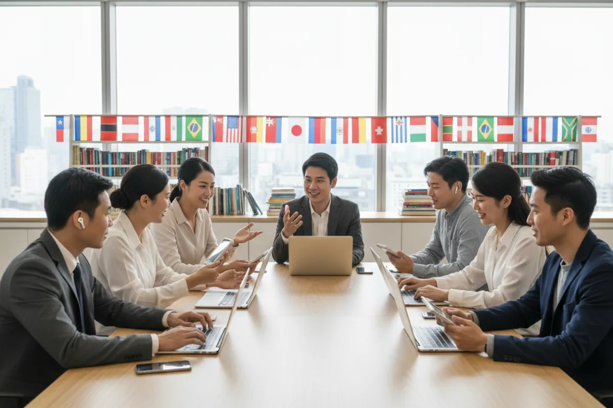 A group of multinational staff members collaborate at a large table, using laptops and translation tools. The workspace is bright and open, with flags and language books visible. The 3:2 image highlights teamwork and the ease of multilingual communication.