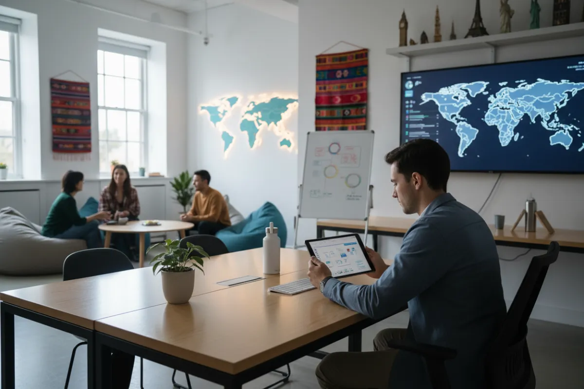 Staff member at desk, reviewing digital instructions on a tablet, bright office, 3:2 aspect