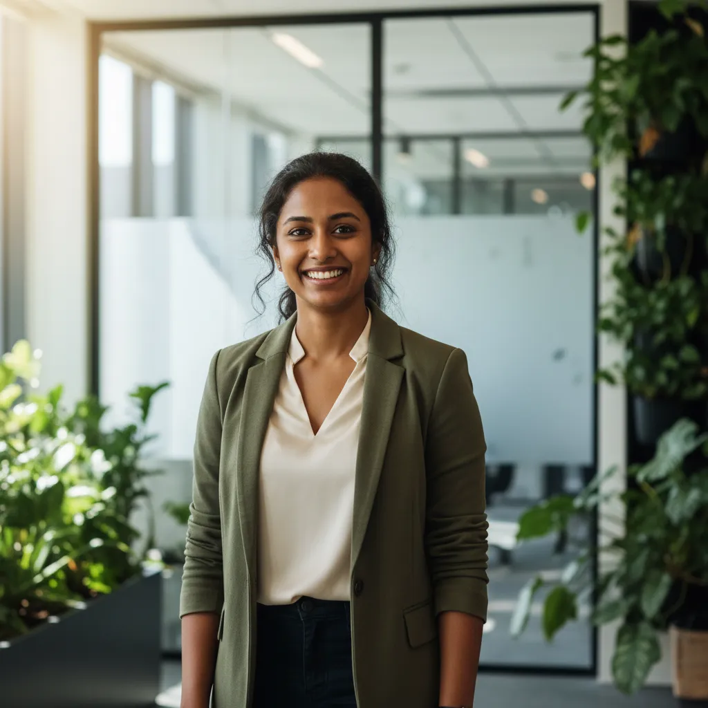 Ayesha, a Sri Lankan staff member, smiling in a modern office, 1:1 aspect