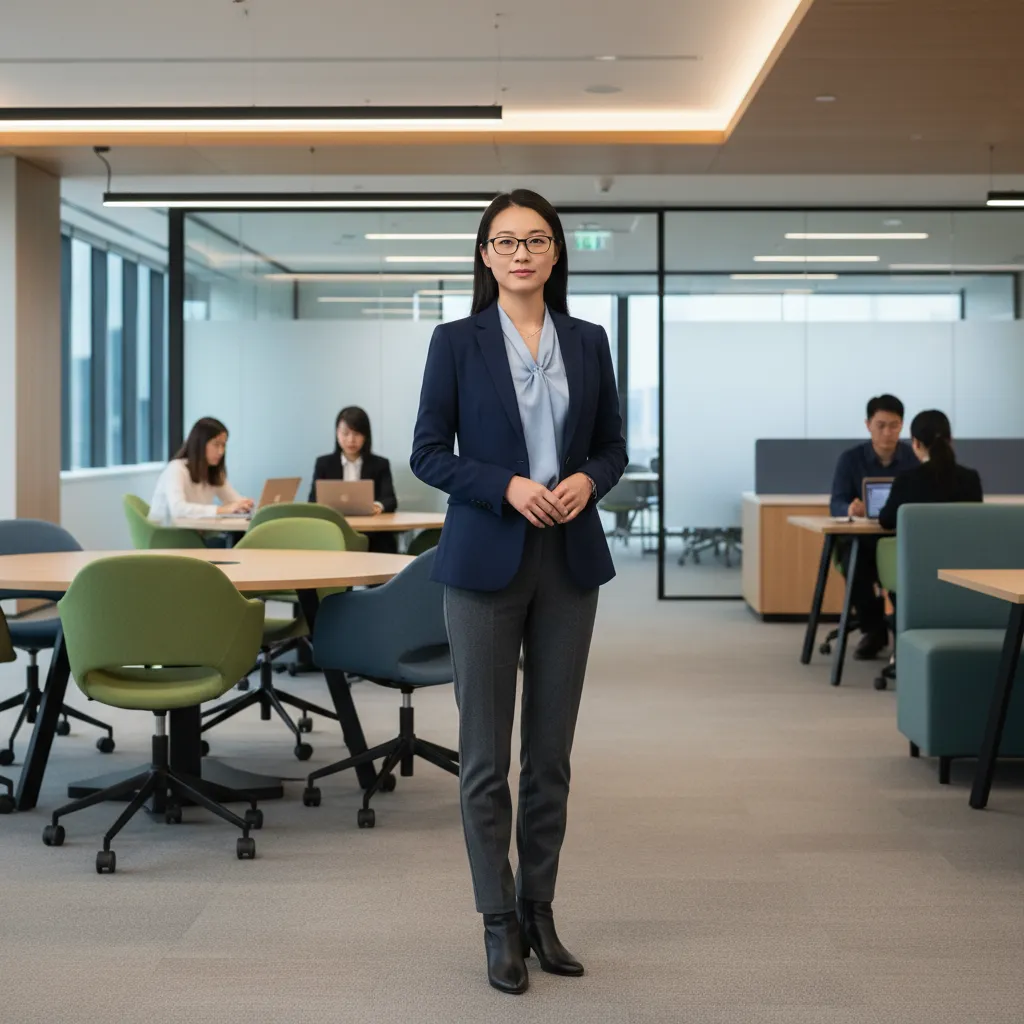 Mei, a Chinese staff member, glasses, open-plan office, 1:1 aspect
