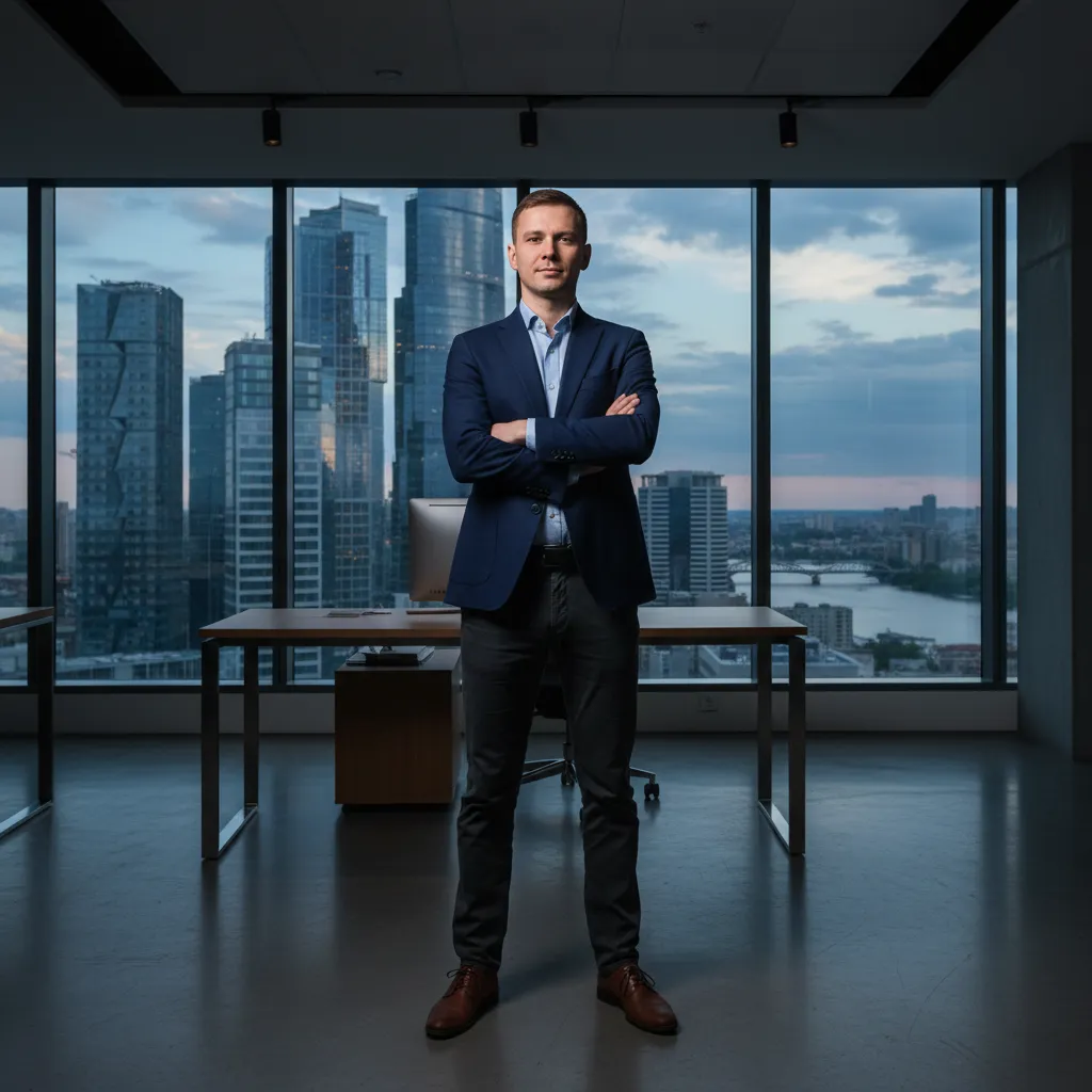 Ivan, a Russian staff member, business casual, city office, 1:1 aspect