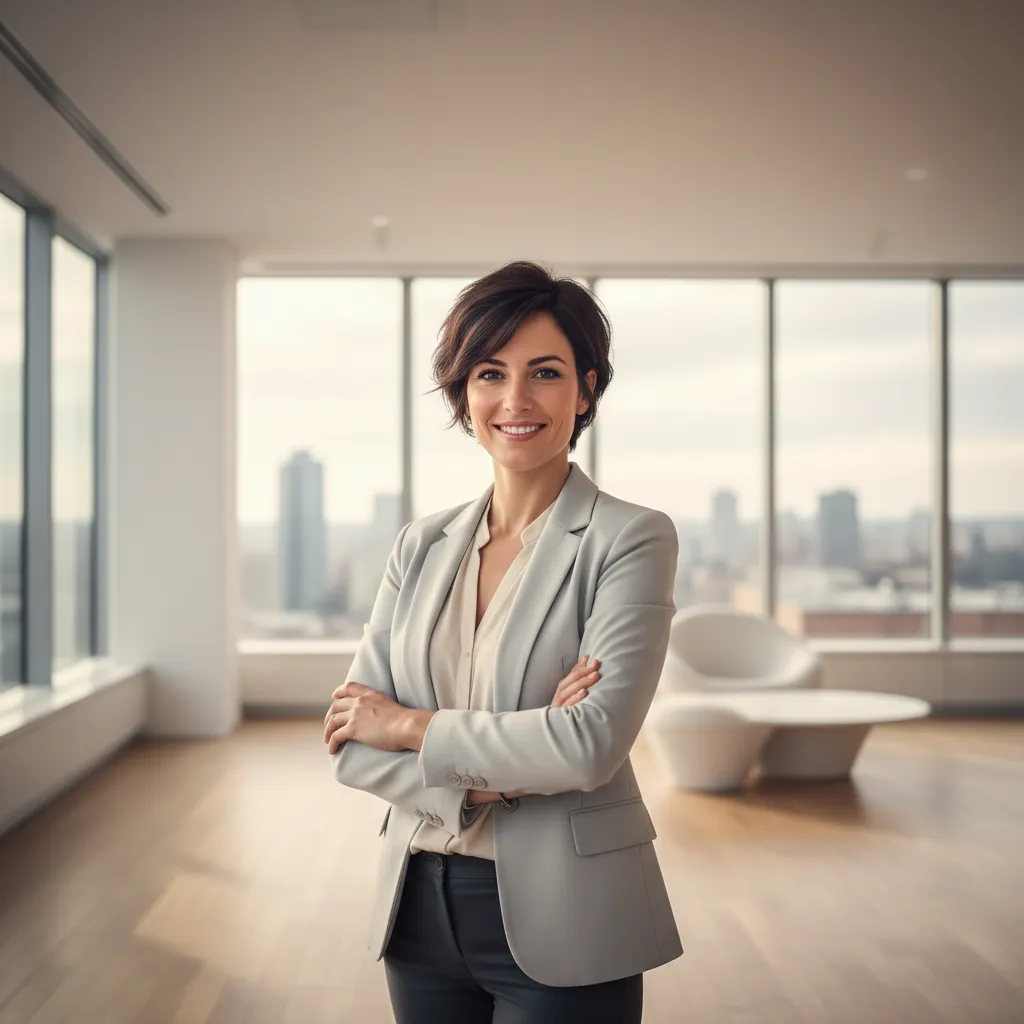 Sofia, an Italian staff member, short hair, modern office, 1:1 aspect