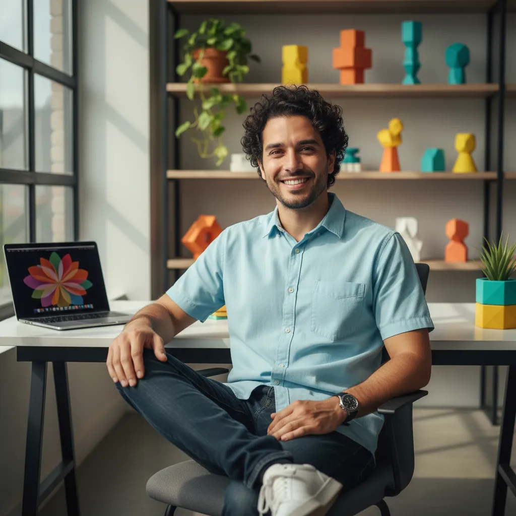 Carlos, a Brazilian staff member, casual attire, bright workspace, 1:1 aspect