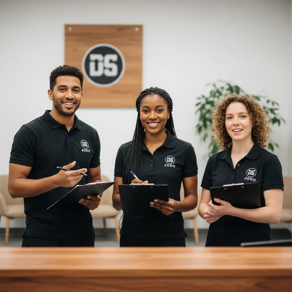 A cheerful, multi-ethnic team of three martial arts staff members, two women and one man, standing together in the dojo office. They are smiling and holding clipboards, ready to assist parents. The background features a reception desk and welcoming decor, conveying approachability and professionalism.