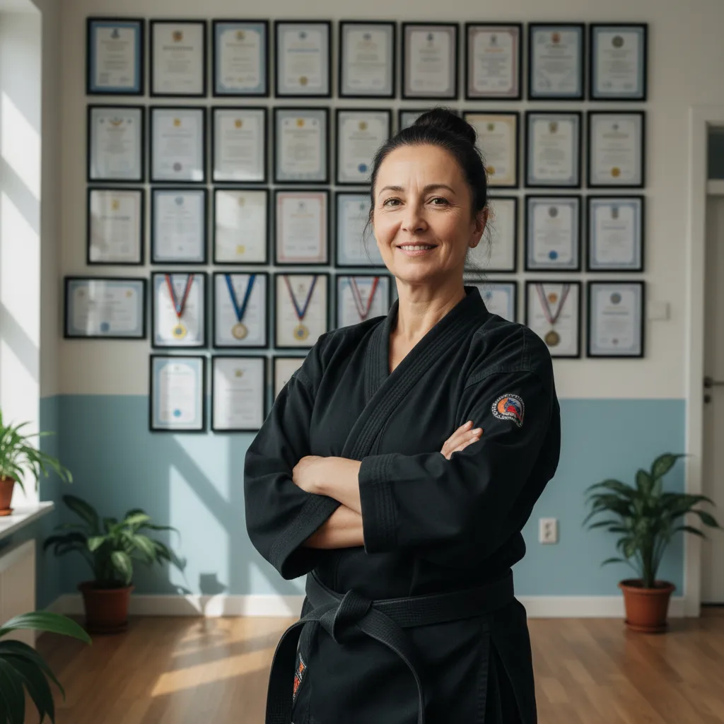 A middle-aged female martial arts instructor with a black belt, smiling confidently in front of a wall of achievement certificates. She stands with arms folded, exuding warmth and authority. The setting is a well-lit, welcoming dojo with soft blue and white tones, emphasizing professionalism and approachability.