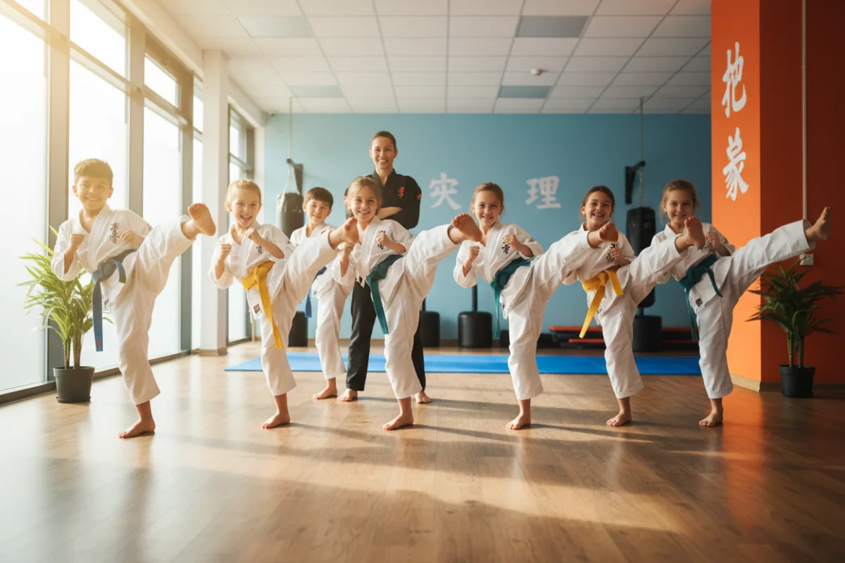 A diverse group of children in martial arts uniforms practicing a synchronized kick in a bright, modern dojo. The children, aged 7-12, display focus and enthusiasm, with a supportive instructor in the background. The scene is energetic, with natural light and vibrant colors, capturing teamwork and discipline.