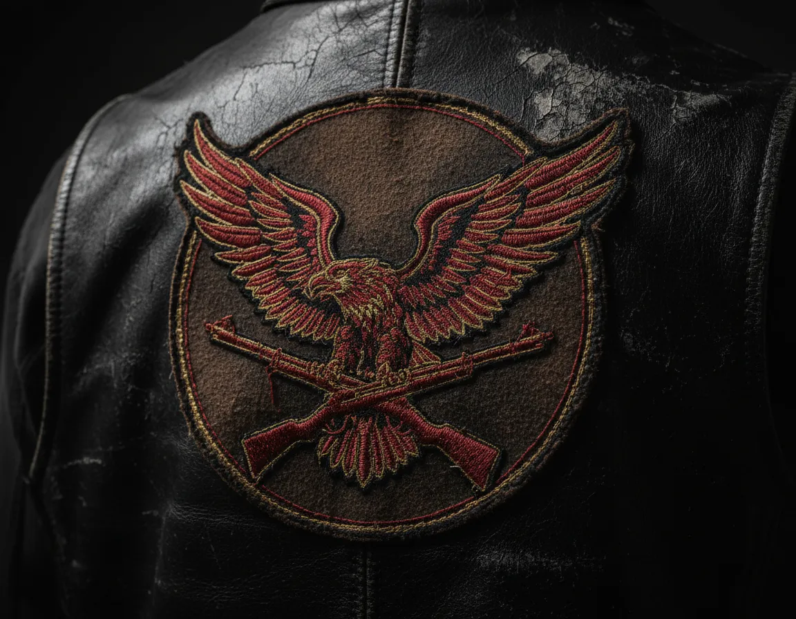 Close-up of MG17 patch on a motorcycle vest