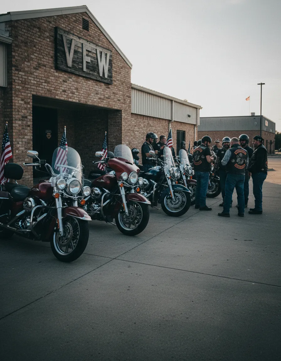 MG17 riders lined up with American flags at Frisco VFW Post 8273