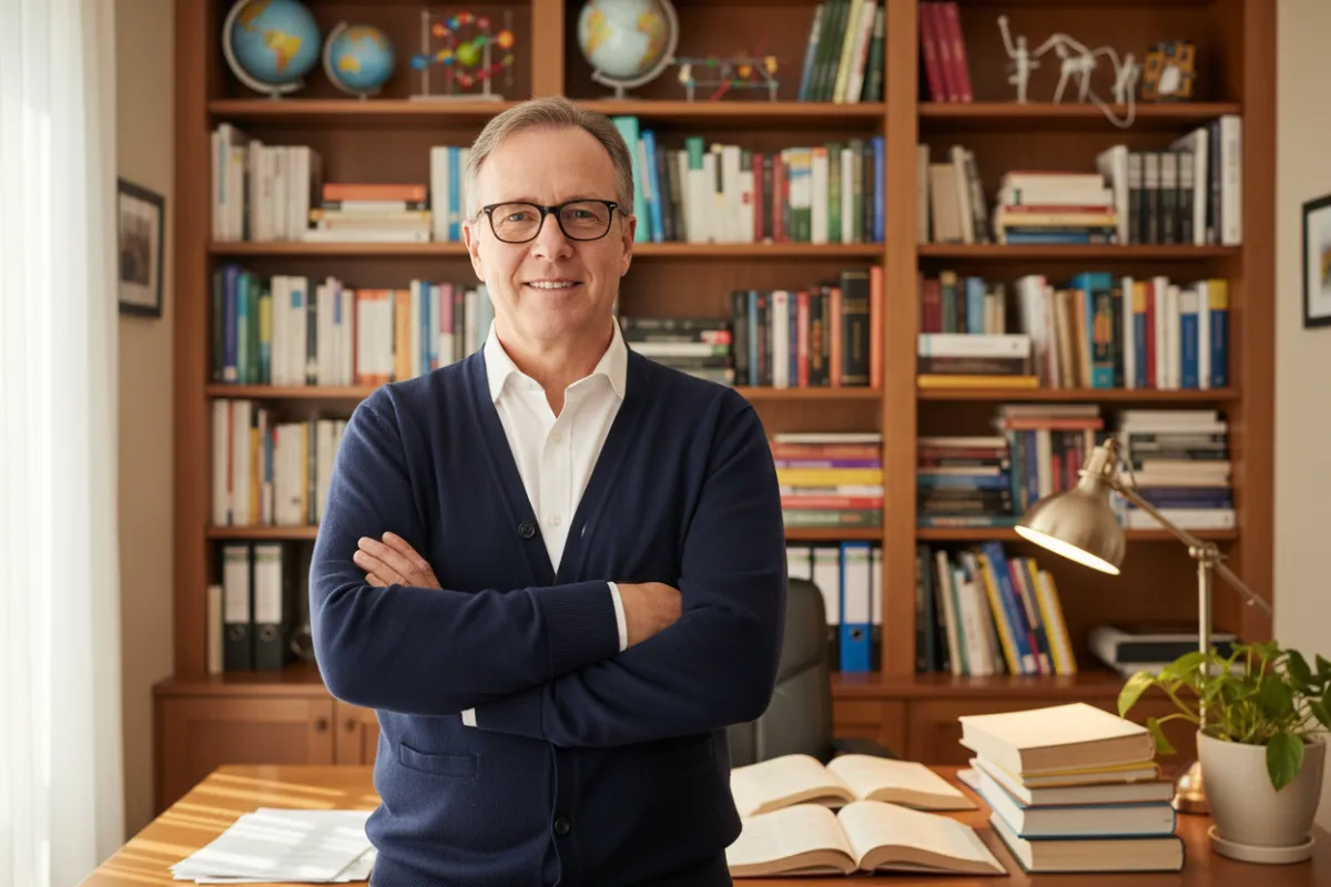 Middle-aged man with glasses, wearing a white shirt and navy cardigan, standing in front of a bookshelf filled with educational materials. The setting is a cozy, well-lit office. The image uses a 3:2 aspect ratio, warm lighting, and a documentary portrait style.