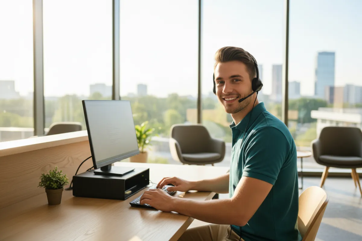 Young man with short hair, wearing a teal polo, sitting at a helpdesk with a headset. Behind him is a large window with soft daylight streaming in. The composition is 3:2 aspect ratio, lifestyle style, and conveys a welcoming, professional atmosphere.