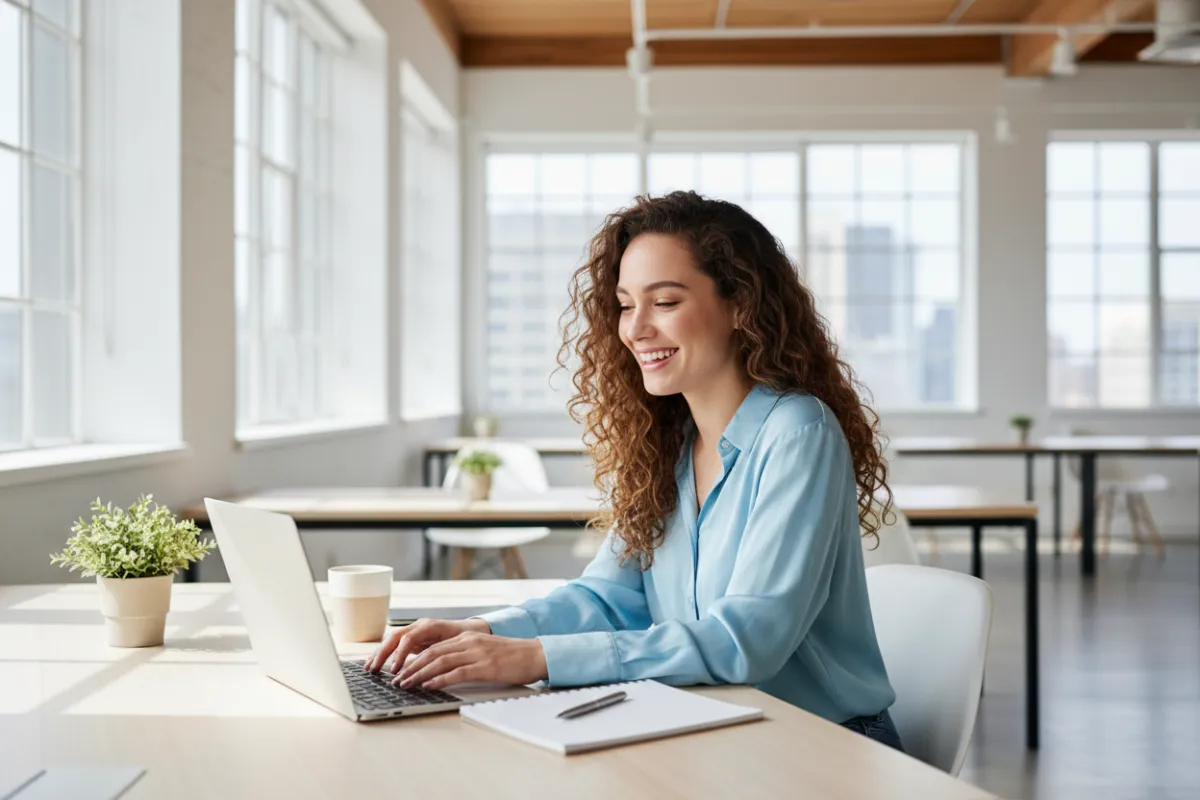 Smiling young woman with curly hair, wearing a blue blouse, seated at a modern desk with a laptop and notepad. The background is a bright, contemporary office space with large windows. The image is in 3:2 aspect ratio, using natural light and a candid, approachable style.