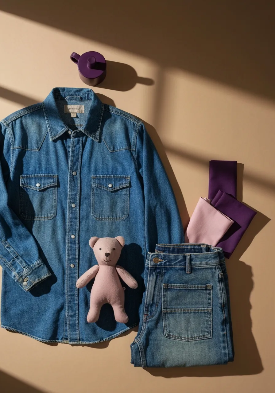 A careful arrangement of a grandfather's worn denim jeans and work shirts before they are transformed into memory bears