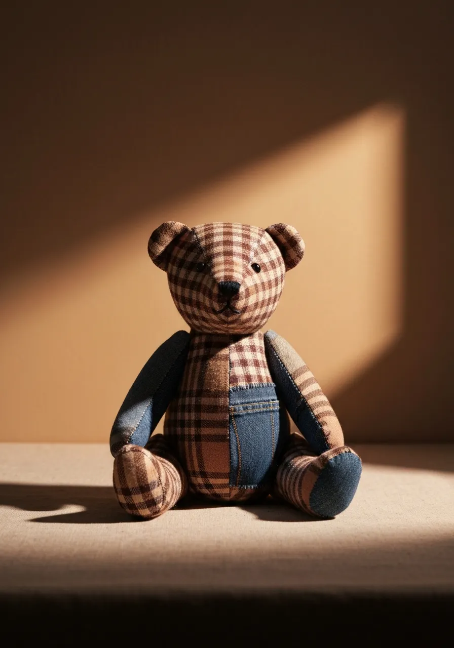 A beautiful handmade memory bear sitting gracefully, showcasing textured fabrics and careful stitching.