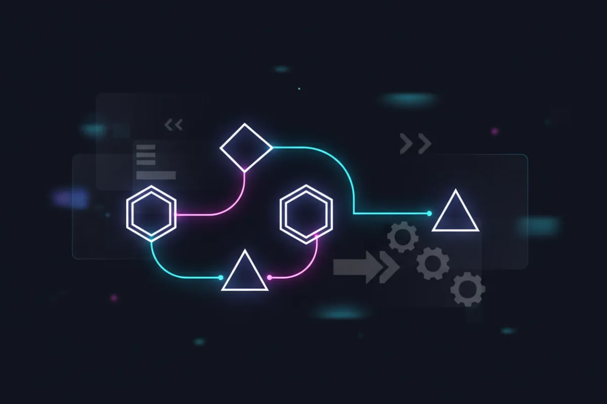 Abstract tech visualization showing interconnected workflow nodes, dynamic connection lines, and automation triggers in a blue-green palette, evoking a sense of digital transformation and streamlined business processes. No people or generic icons present.