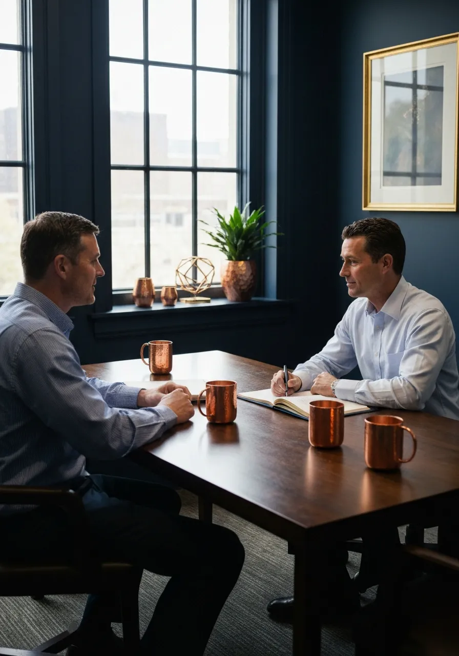 Insurance broker consulting with a corporate client in a regional office
