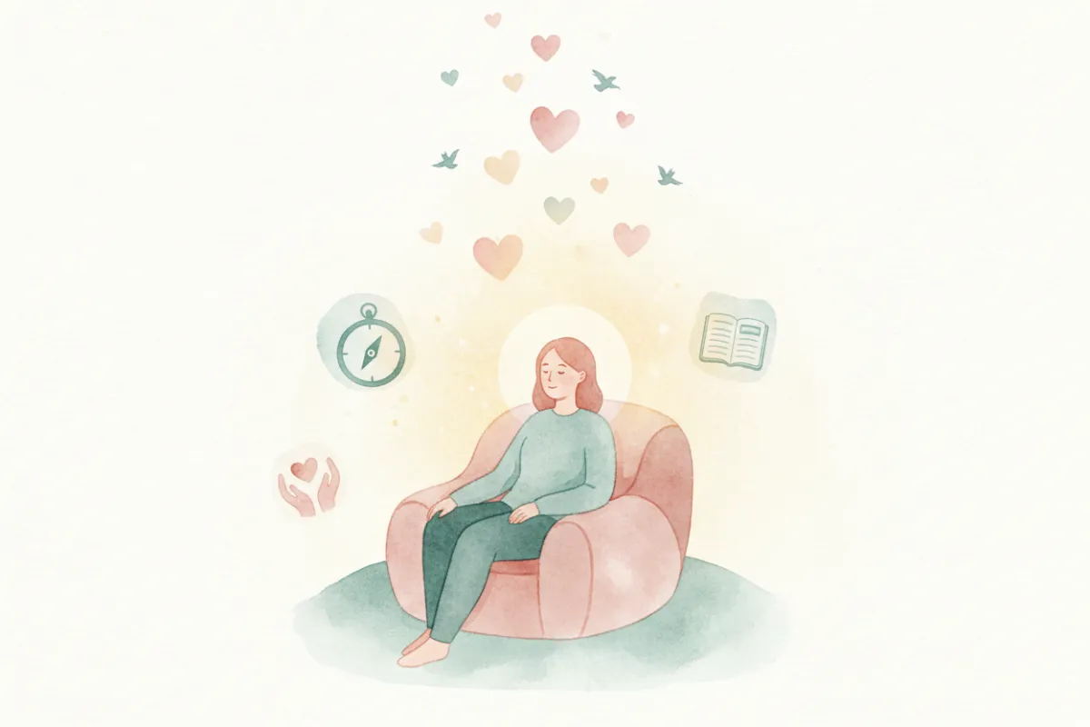Illustration of compassionate support: two hands holding a glowing heart against a soft sunrise, representing safety, clarity, and carrying love forward.