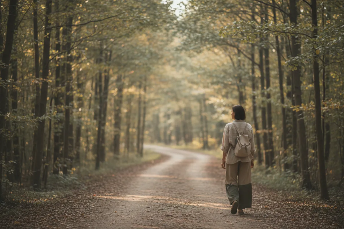 Person walking along a quiet path, muted natural palette, soft light, negative space top-right for headline overlay