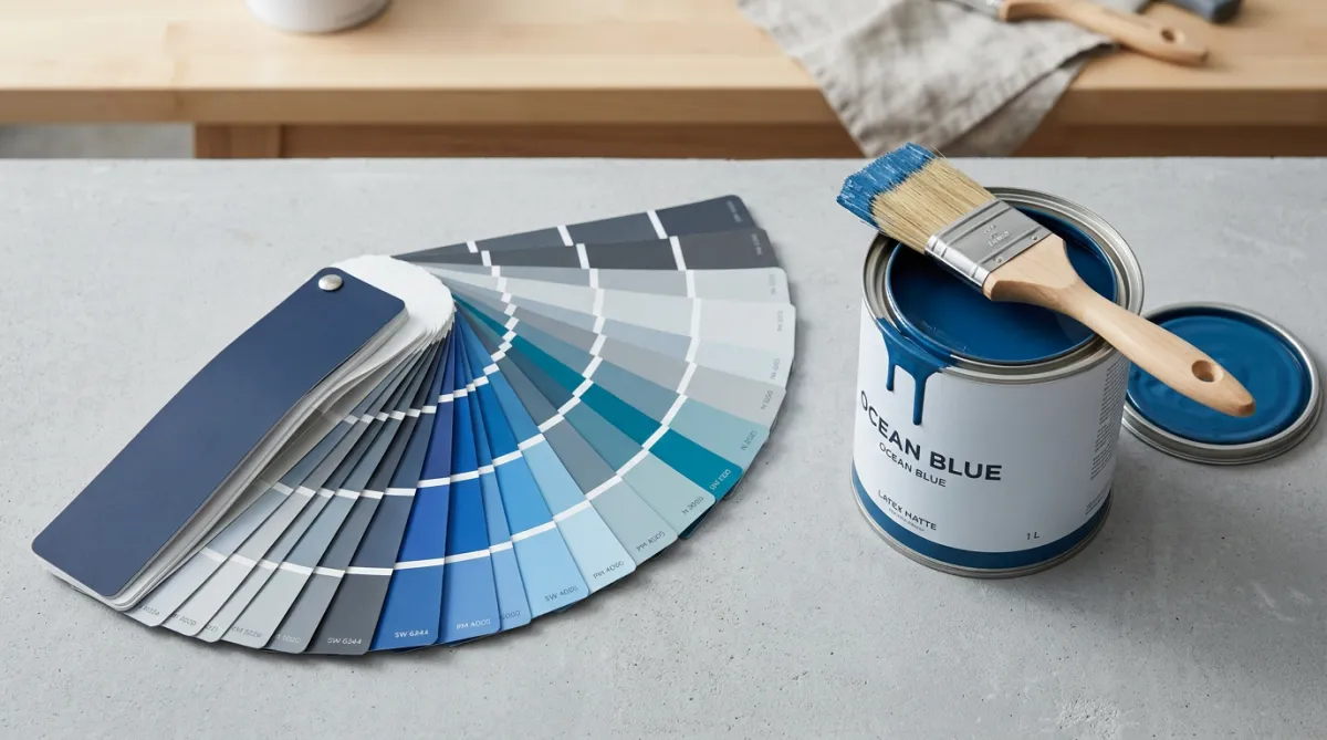 Overhead view of multiple blue and gray paint color swatches fanned out next to an open can of blue paint and a paintbrush with a wooden handle.