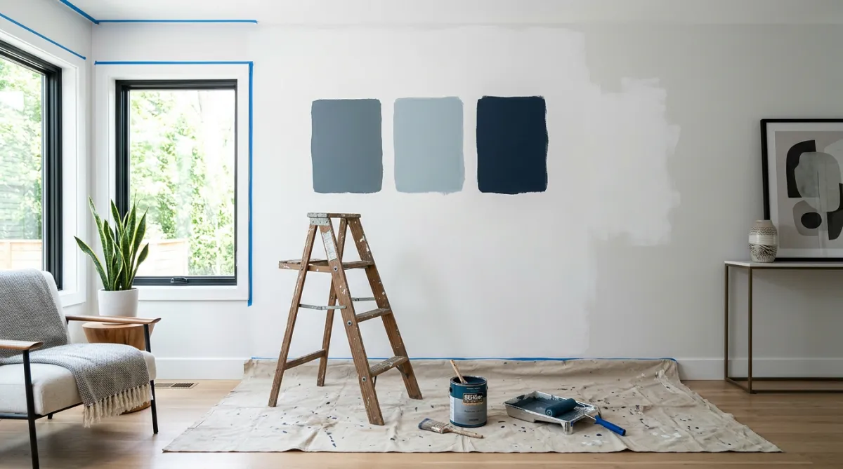 A partially painted living room with a stepladder, paint can, and drop cloth on the floor. Three different shades of blue and gray paint swatches are painted on the white wall.