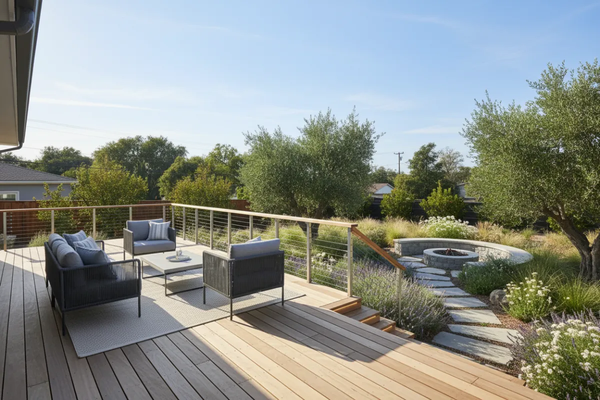 Beautifully remodeled backyard deck in a modern home