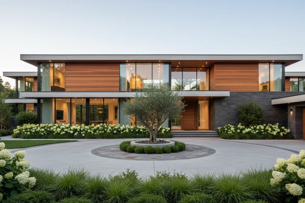 Modern luxurious family home exterior with warm wood trimmings, natural daylight, and a landscaped yard