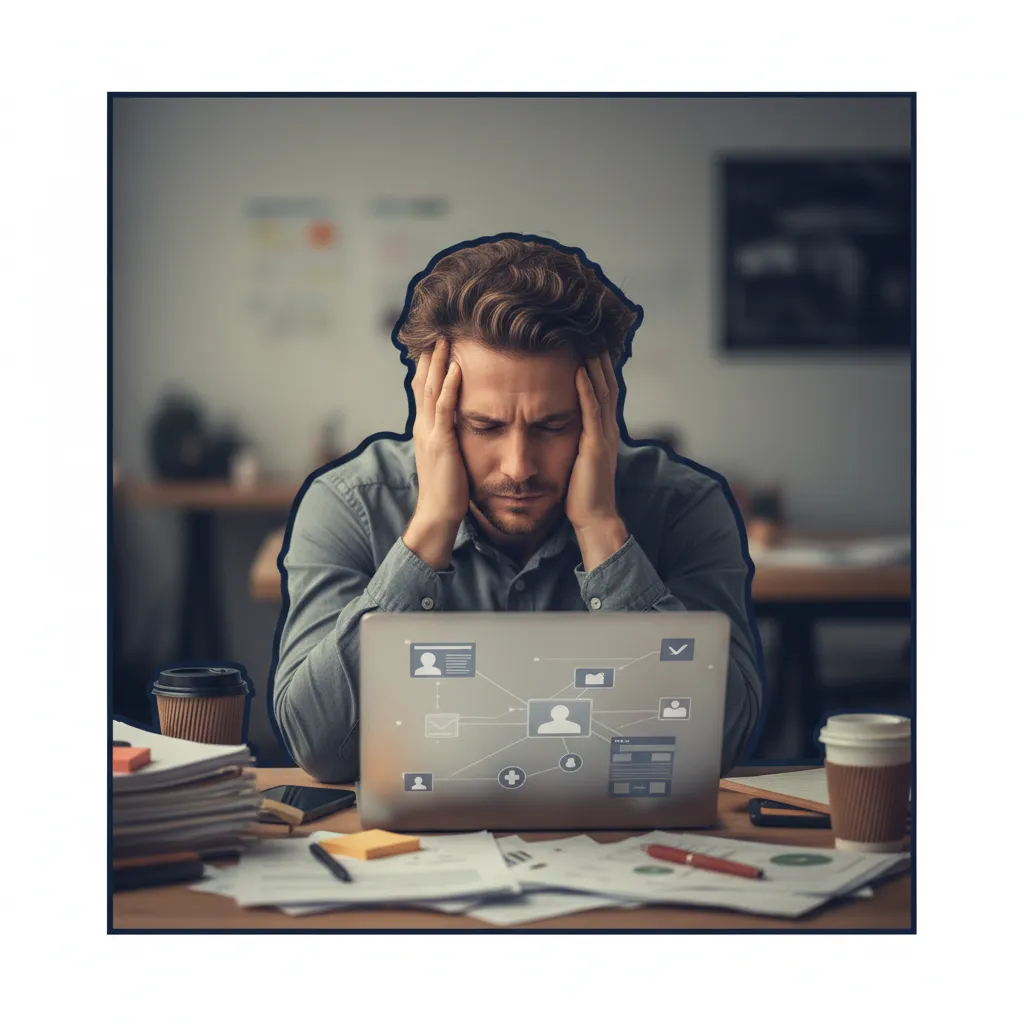 Stressed small business owner staring at a laptop, frustrated with social media management
