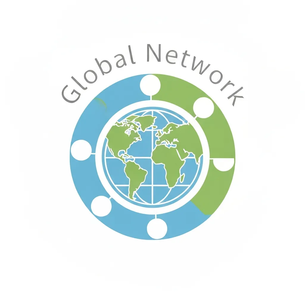 Circular emblem featuring a stylized globe in light blue and green, surrounded by curved shapes resembling puzzle pieces or figures, with some text arched above it.