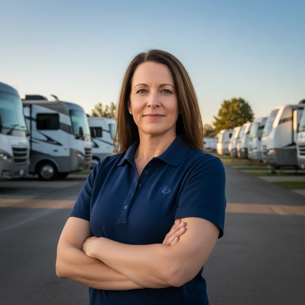 Head-and-shoulders portrait of a confident female facility owner in her early 40s, wearing a branded polo, standing outdoors near RV rows, soft afternoon lighting, photorealistic style showcasing professionalism and leadership.
