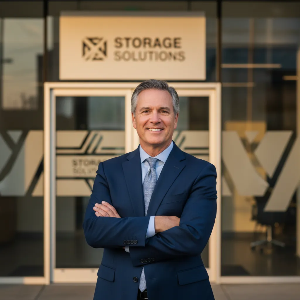 Portrait of a male regional manager in his 50s with salt-and-pepper hair, smiling confidently in front of an office entrance with storage signage blurred in the background, warm natural lighting, photorealistic editorial style.
