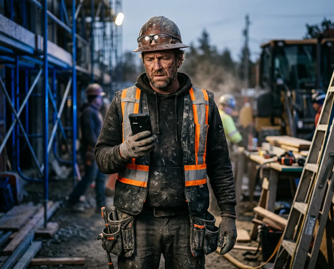 Stressed contractor on a busy job site missing an urgent client phone call