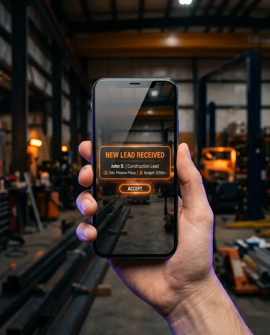Mobile Device with Instant Lead Notification on Job Site Background