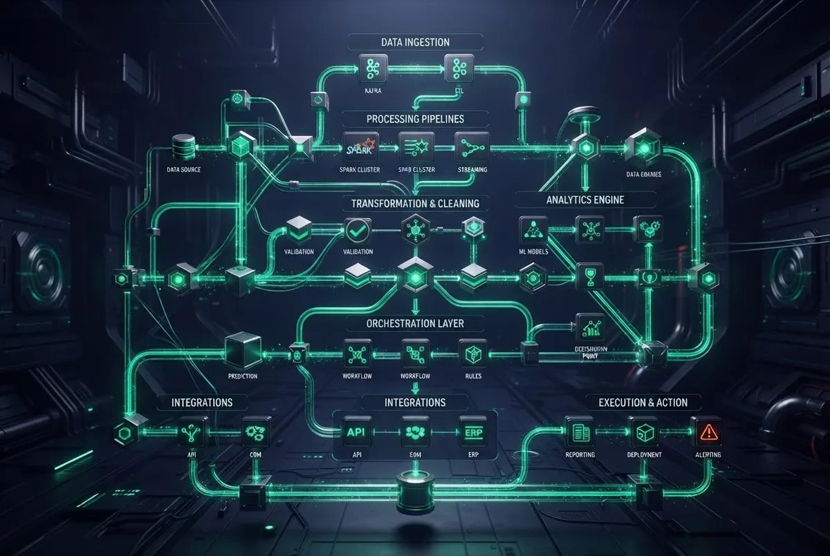 Complex automated logic flowchart graph displaying connected cloud operations and data transformations