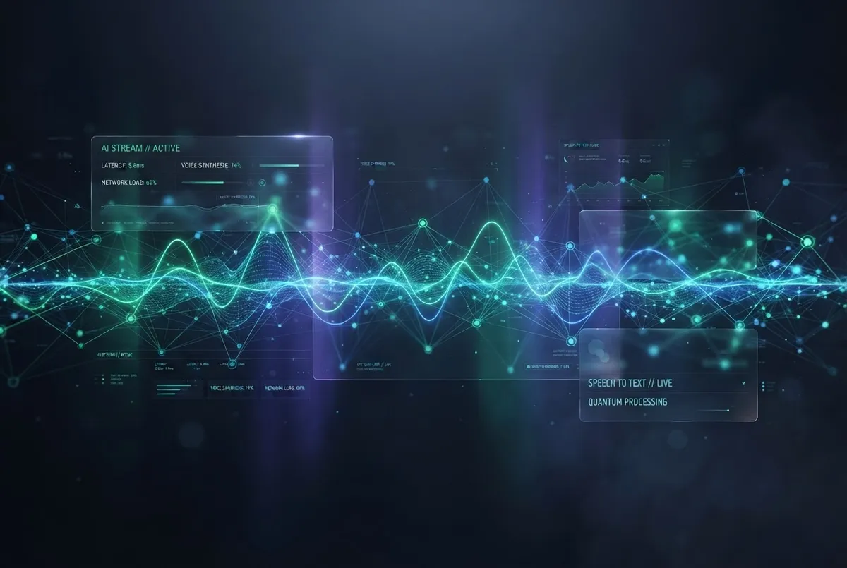 Neural voice AI assistant waveform visualization illustrating sub-280ms latency telemetry and conversational flow