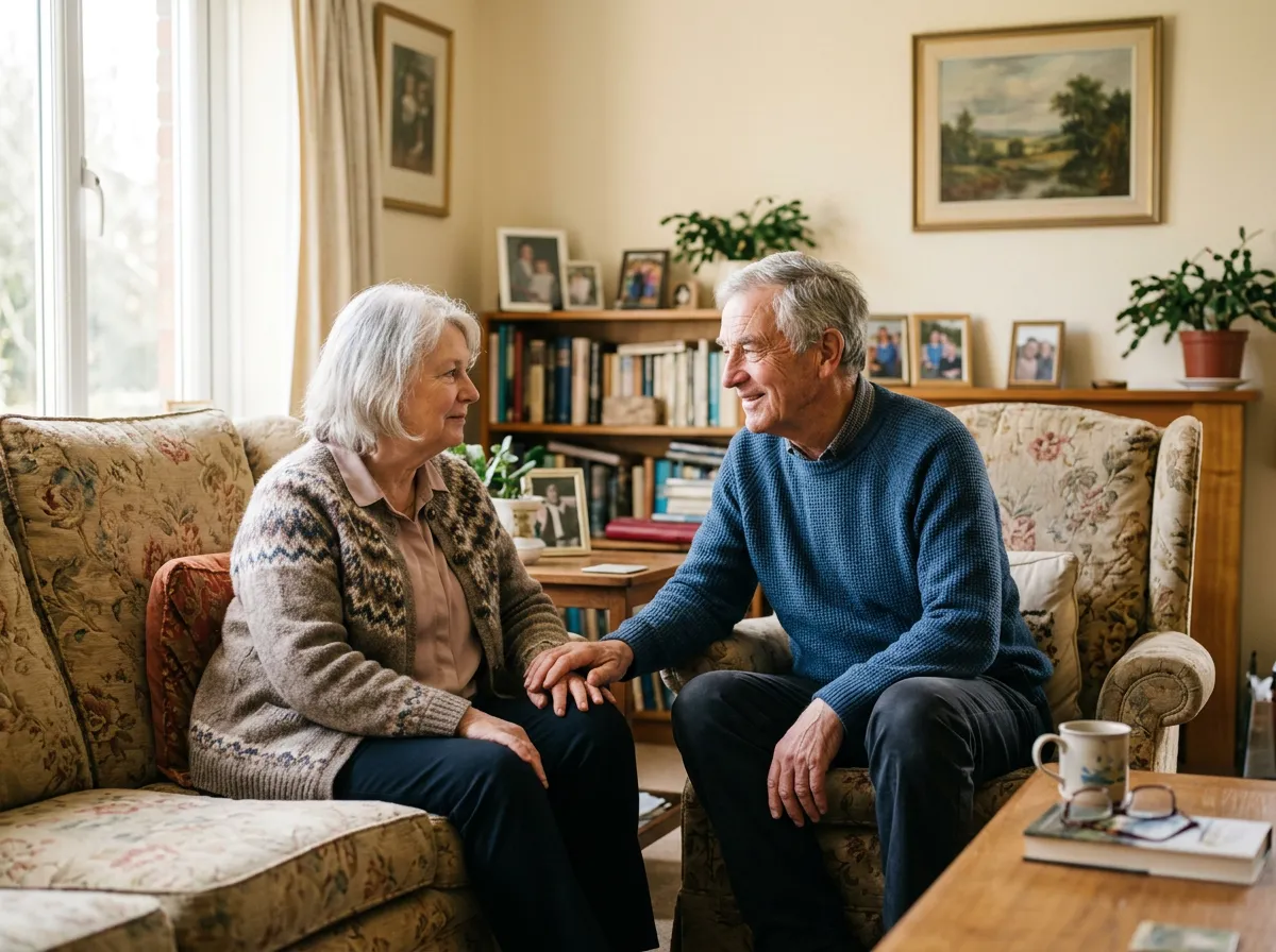 Older couple sitting together at home, holding hands.