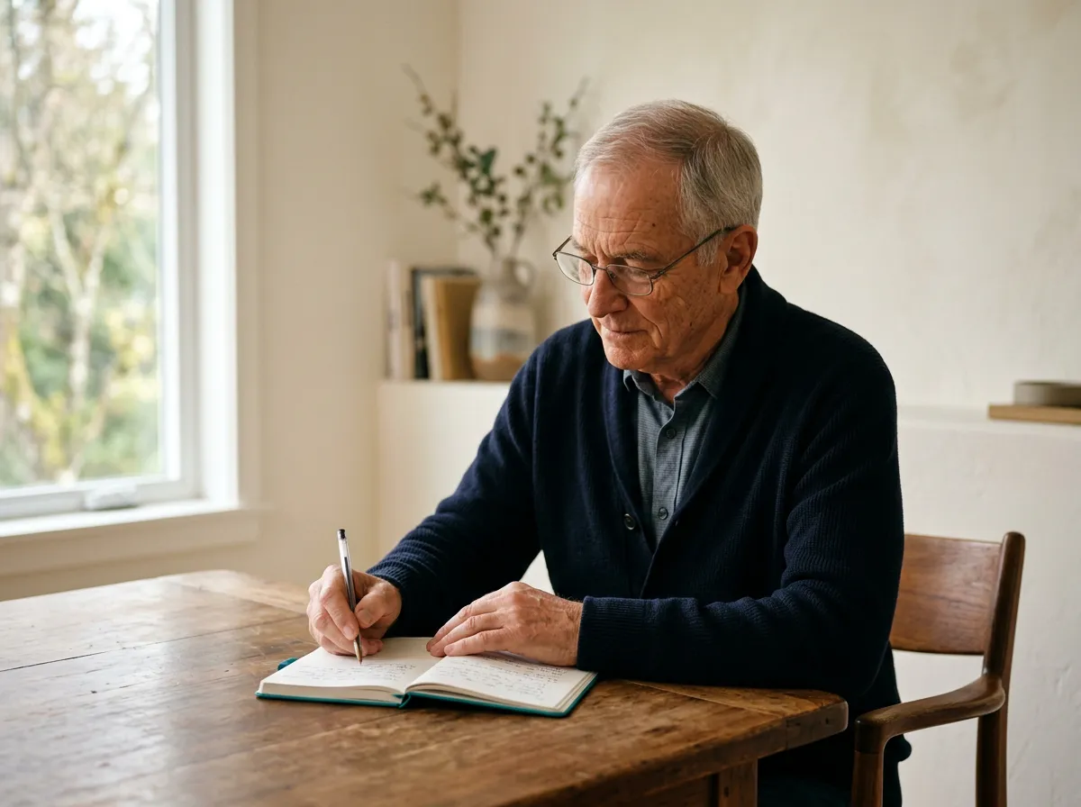 Older man wearing glasses, writing in a notebook at a wooden table beside a window.
