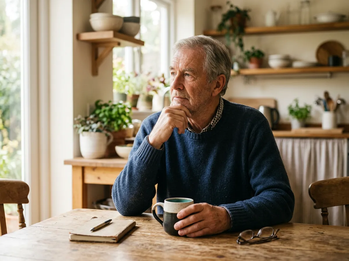 Older man sitting at a kitchen table with a mug, gazing thoughtfully towards a window.