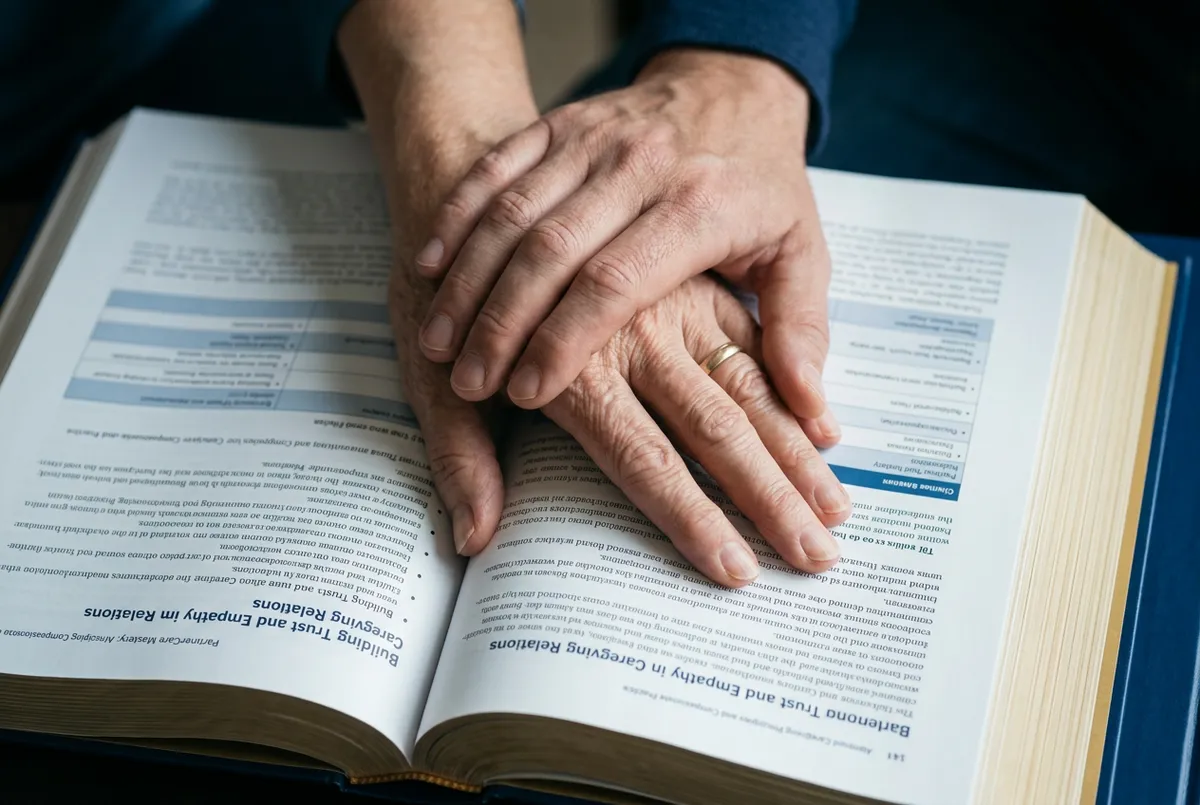 Caregiver holding an elderly patient hands during an empathy training session