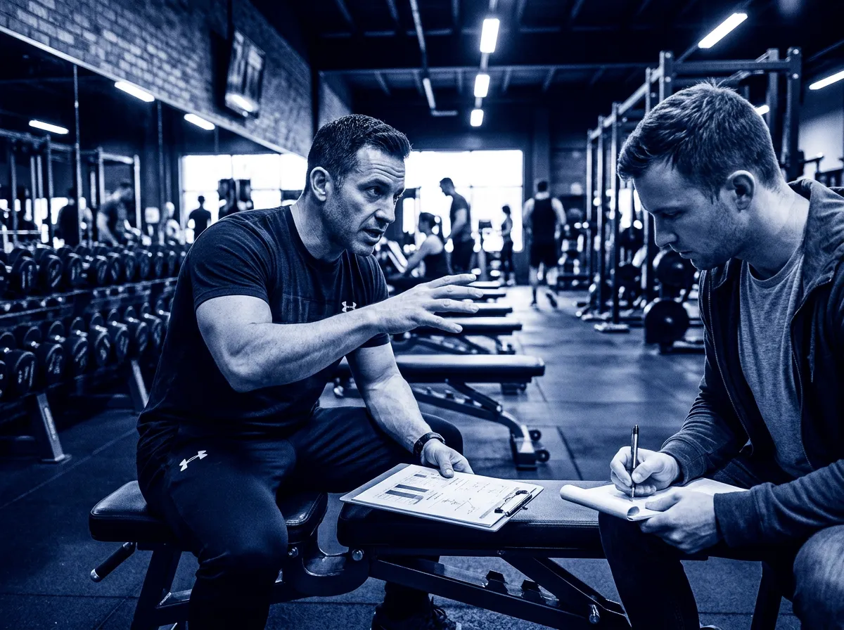 Strategy session with a gym owner on the gym floor