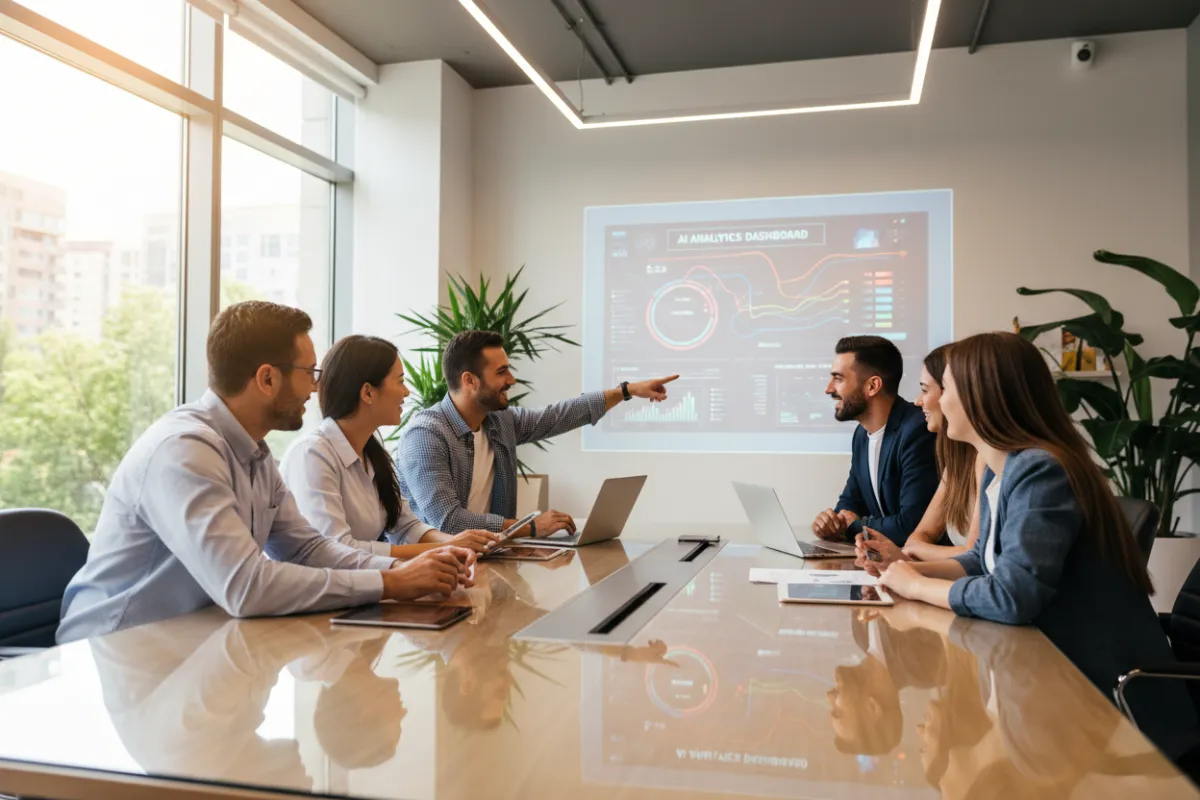 A diverse group of small business owners gathered around a modern table, reviewing an AI-powered analytics dashboard on a large screen. The setting is a bright, contemporary office with natural light, plants, and digital devices. Everyone is engaged, smiling, and discussing growth strategies, with no robots or futuristic elements present.