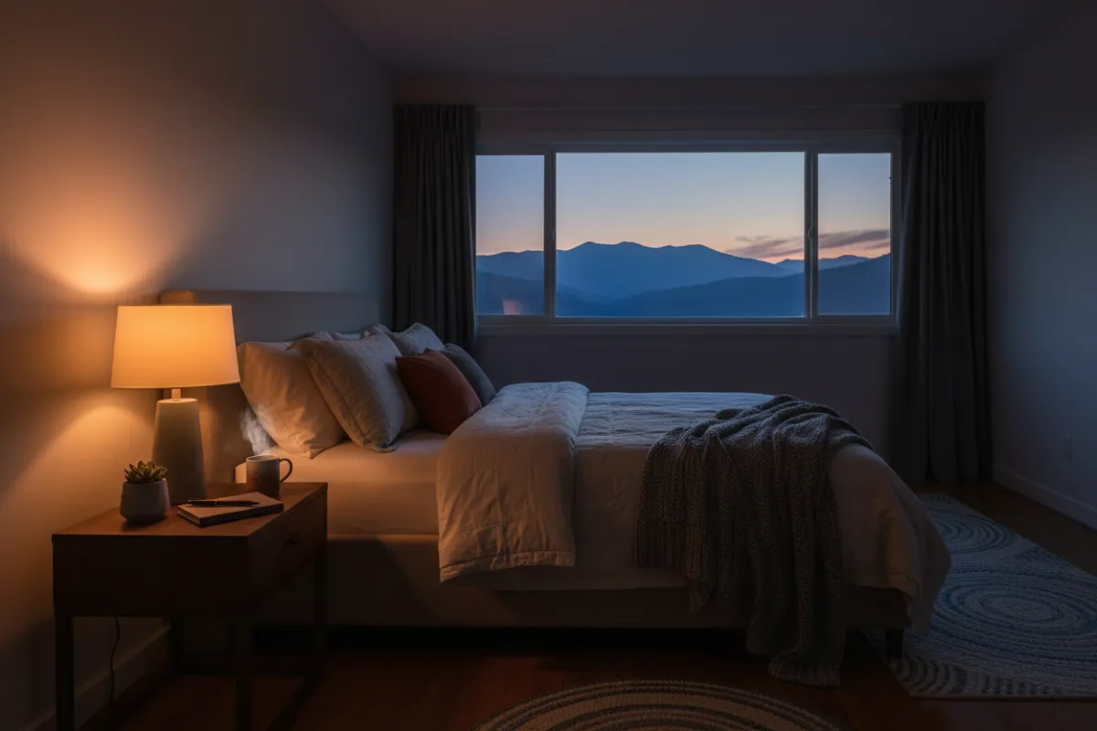 Bedroom scene with calm lighting for sleep rituals and mental clarity