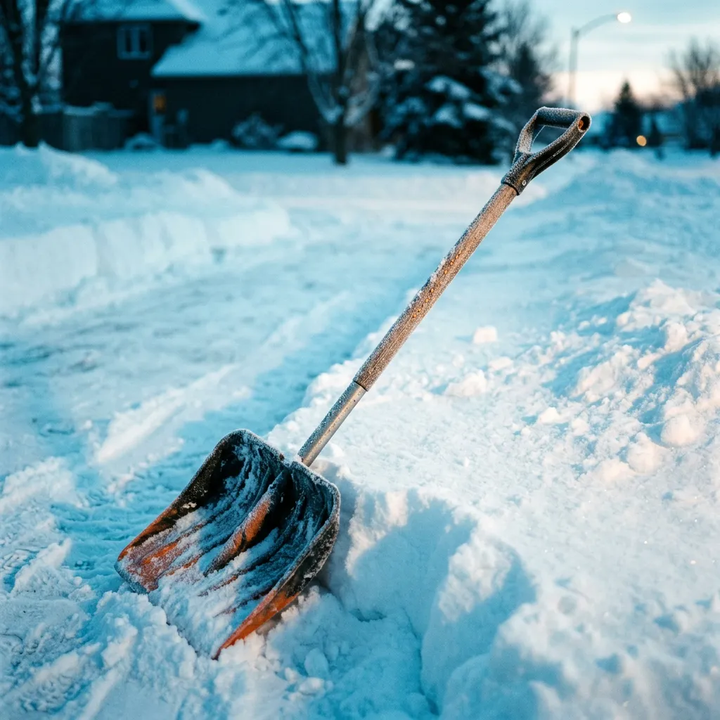 A worn plastic snow shovel abandoned and half-buried in heavy frozen snow during a harsh winter blizzard