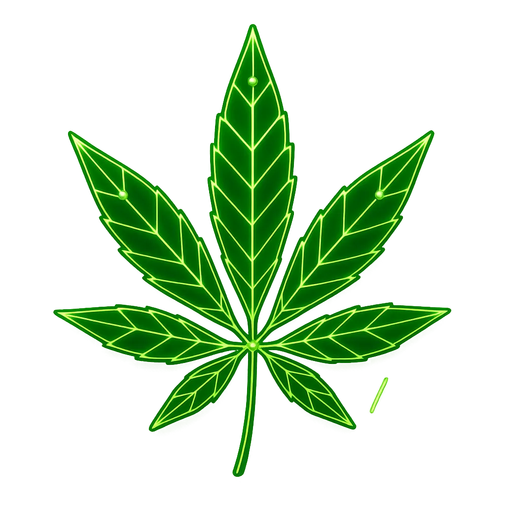 Stylized abstract icon of a cannabis leaf in glowing lime green wireframe