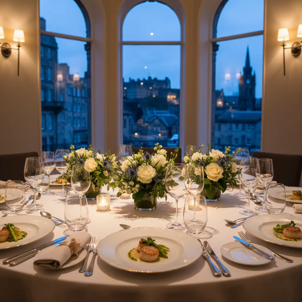 A beautifully set round table for a private event in Edinburgh, featuring elegant glassware, floral centerpieces, and gourmet plated dishes. The setting is intimate, with soft lighting and a view of historic city architecture through large windows.