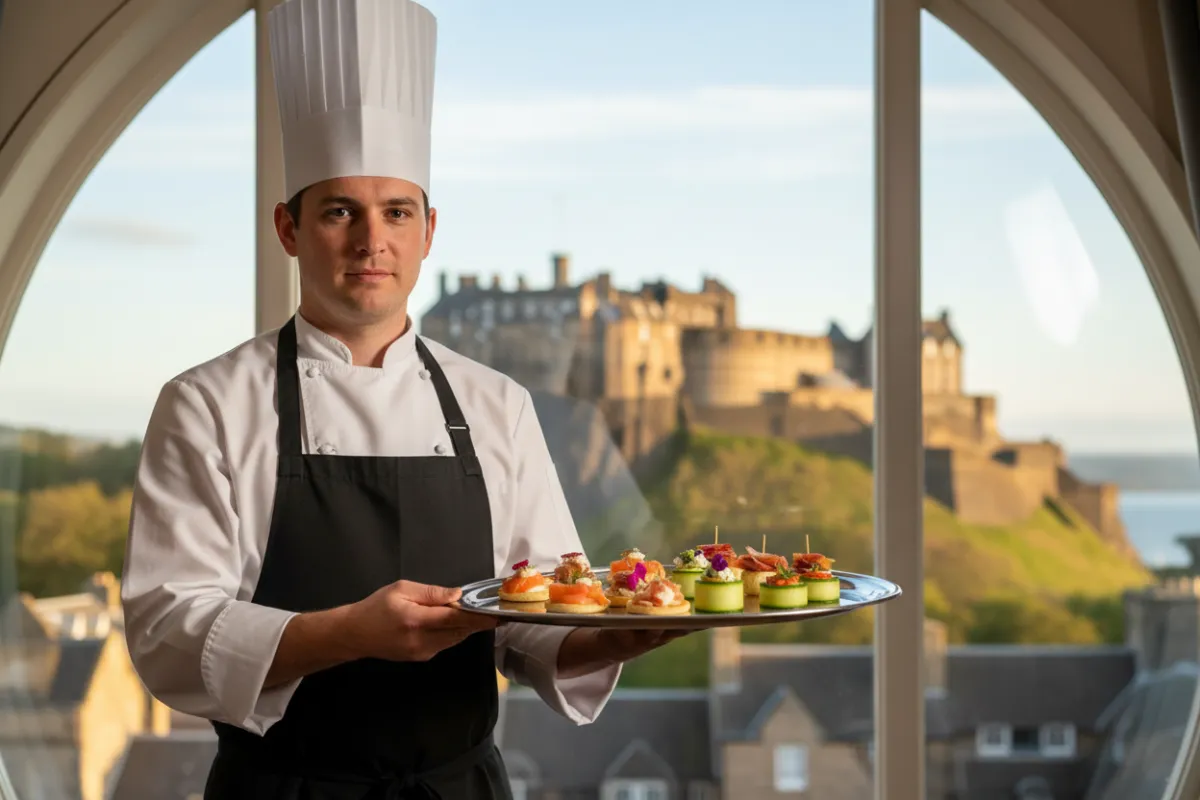 A chef serving delicious canapés inside a stylish venue with Edinburgh Castle visible through the window.