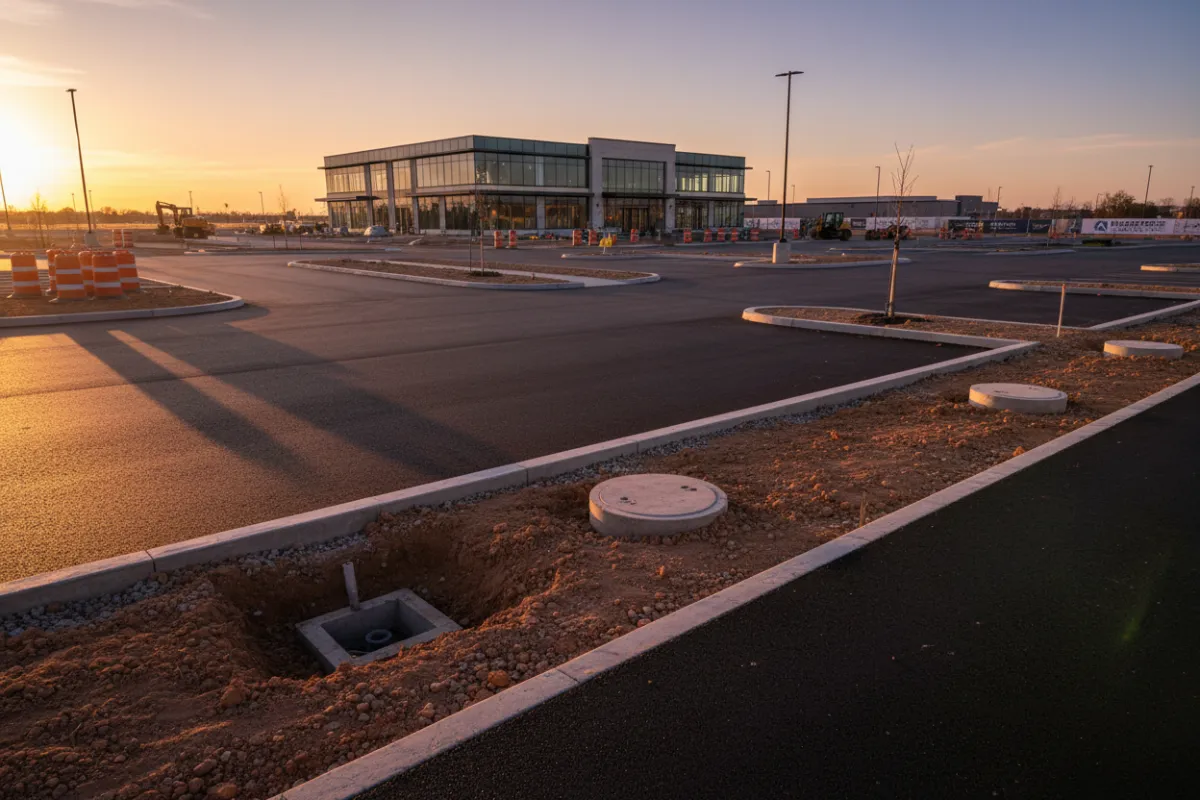Completed commercial site by RidgeForge Construction with utility trenches and finished asphalt area at golden hour.