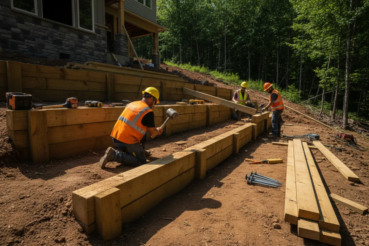 RidgeForge team installing timber retaining walls on a sloped backyard, focused on craftsmanship and materials.